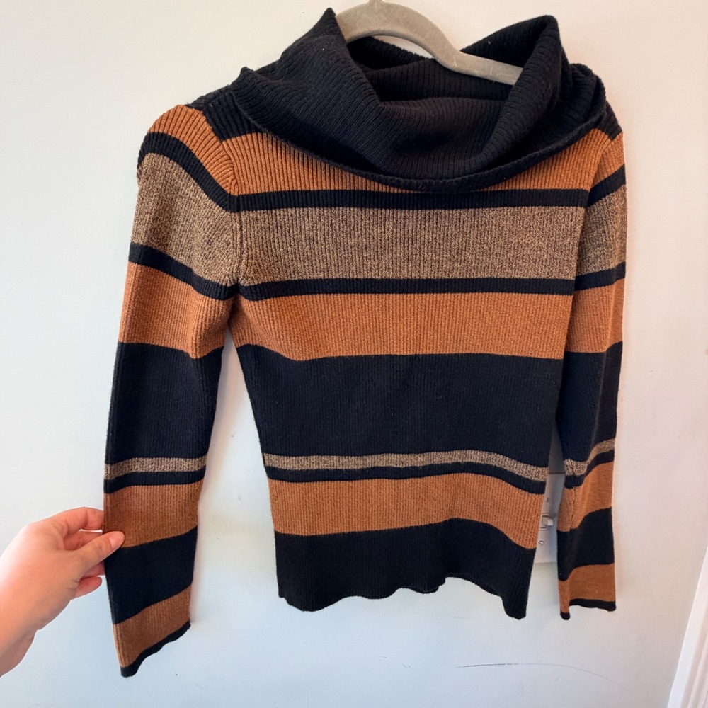 VTG Apostrophe Cowl Neck Sweater Womens PXS Ribbed Brown Black Dark Academia 90s